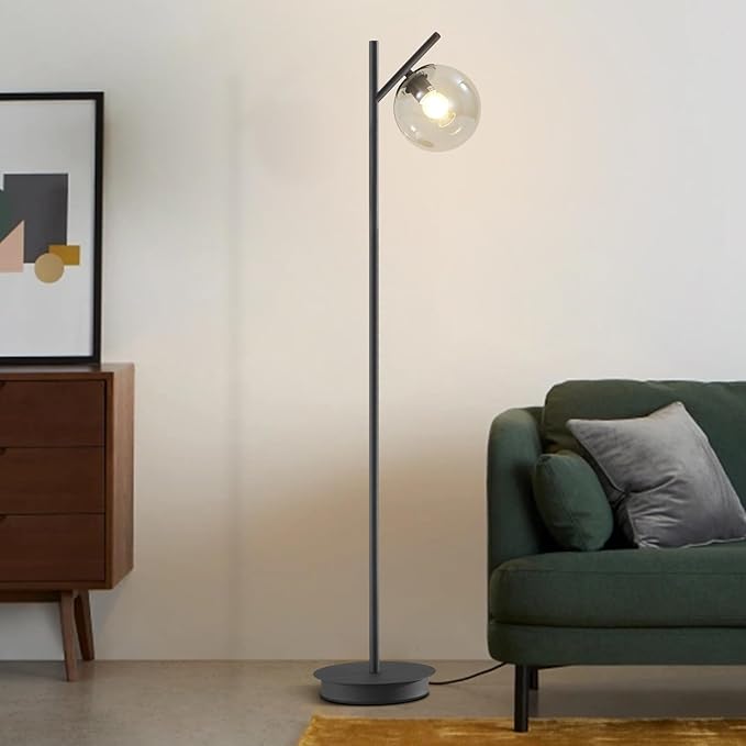 Vintage Floor Lamp for Living Room Mid Century Black Floor Freestanding Lamp Farmhouses Cognac Glass Globe Standing Tall Pole Lamp for Study Room Hotel Bedroom