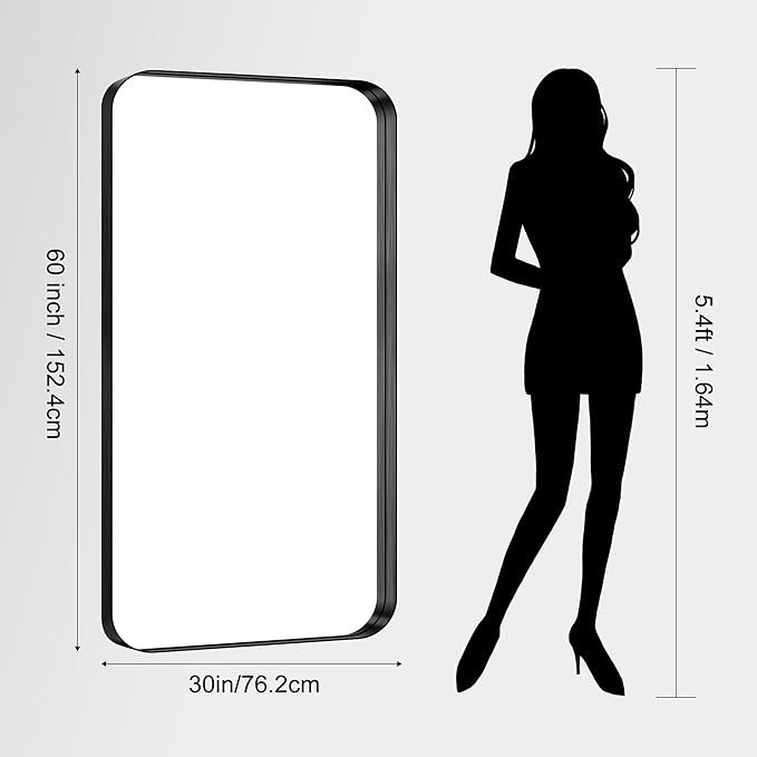 CIRCUMI Black Bathroom Mirror, Rounded Corner, Tempered Glass, Large Mirror