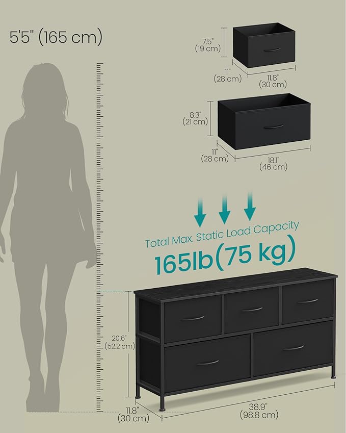 SONGMICS Dresser for Bedroom, Chest of Drawers, 5 Non-Woven Fabric Drawers