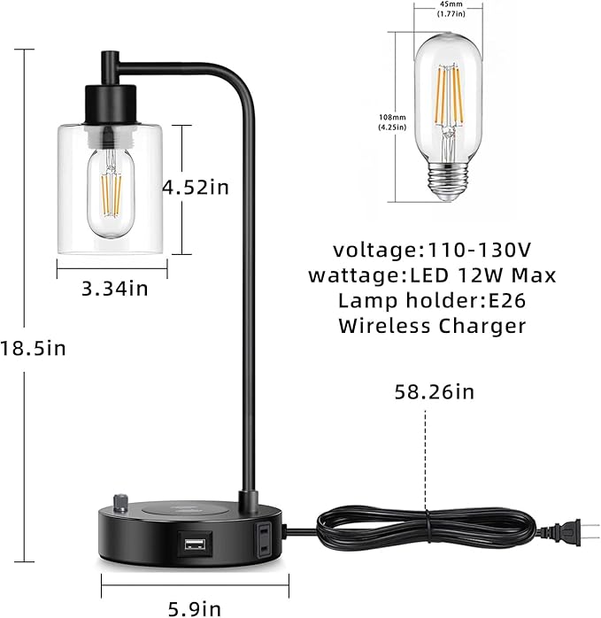 Industrial Table Lamp with Wireless Charing, Fully Stepless Dimmable Lamps Nightstand Lamps, Desk Lamp with Glass Shade Reading Lamp for Office Living Room (Black 02)