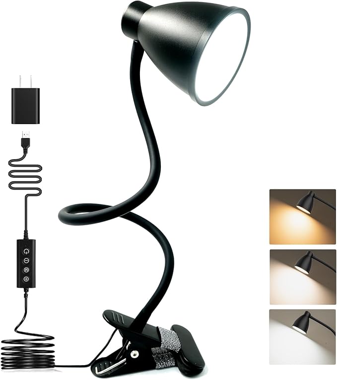 BOHON Desk Lamp 5 Color Modes 10 Brightness Dimmer Reading Light 10W 38 LED Clamp Lamp with Auto Off Timer 360° Flexible Neck Clip on Light for Bed Bedside, AC Adapter Include