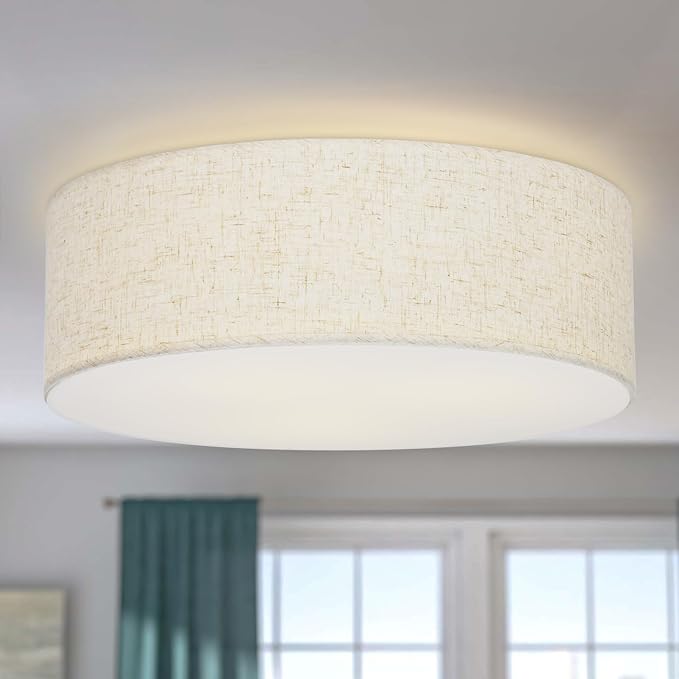 Flush Mount Ceiling Light,16''Modern Close to Ceiling Lamp with Double Linen Fabric Shade,3 Light Semi Flush Mount Ceiling Light Fixture,Farmhouse Drum Light Fixture for Bedroom Living Room