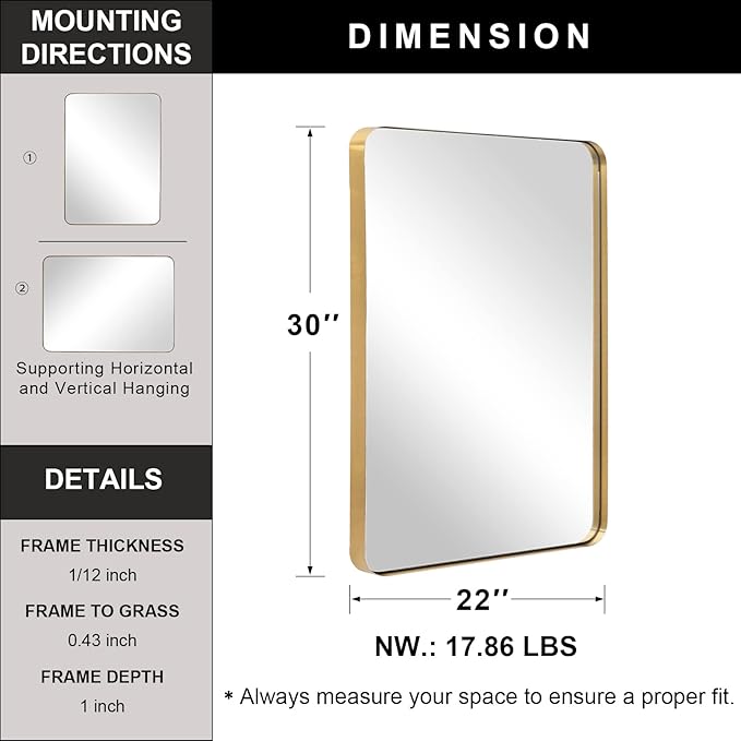 Andy Star Gold Bathroom Mirror, 22x30'' Brushed Brass Metal Frame Rounded