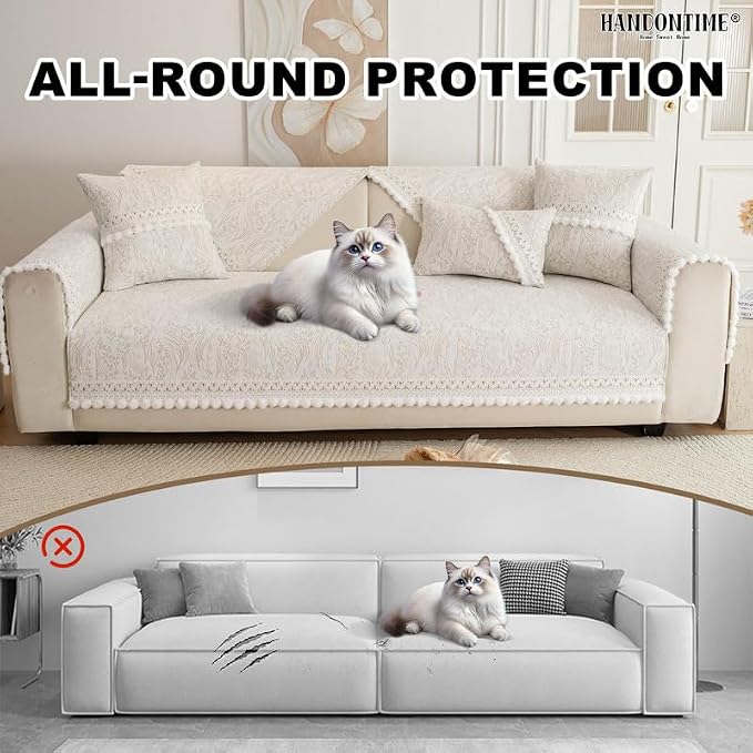 HANDONTIME Chenille Pet Couch Cover Floral Pattern – Soft Fringed Edges, Non-Slip Washable Sofa Slipcover, Jacquard Sofa Cushion Cover, Protects Furniture from Dogs, Cats & Kids (Khaki,35.4" x 70.9")