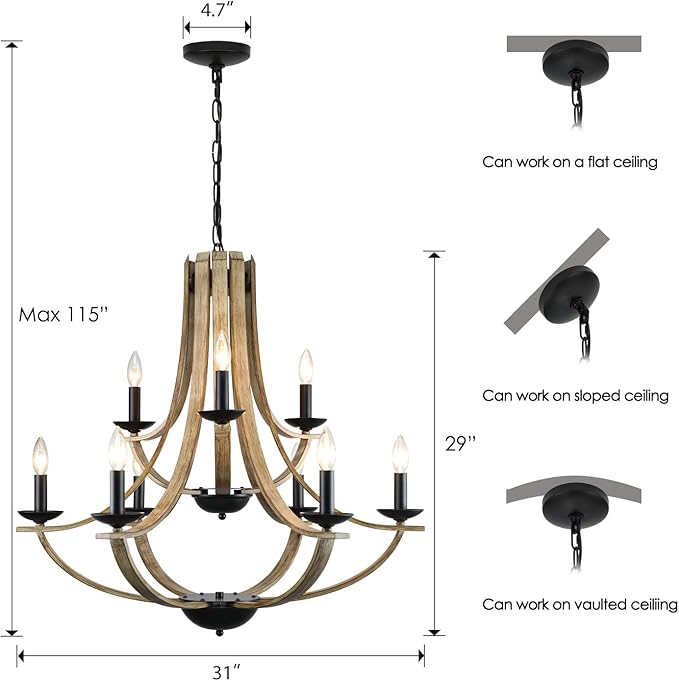 Farmhouse Chandeliers for Dining Room Light Fixture, 9-Light 31" Adjustable Height Retro Faux Wood Texture Rustic Light Fixtures for Living Room Bedroom Kitchen Island Foyer Entryway