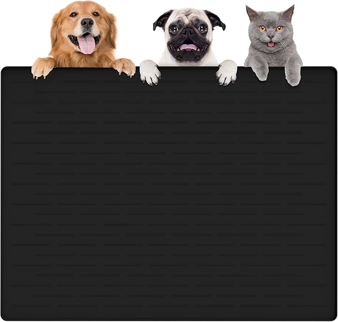 Largest Dog Food Mat, 39.5"x29.5" Silicone Dog and Cat Mat for Food and Water Bowls, Thinken Waterproof Non-Slip XXXL Pet Feeding Mat for Floors, Black