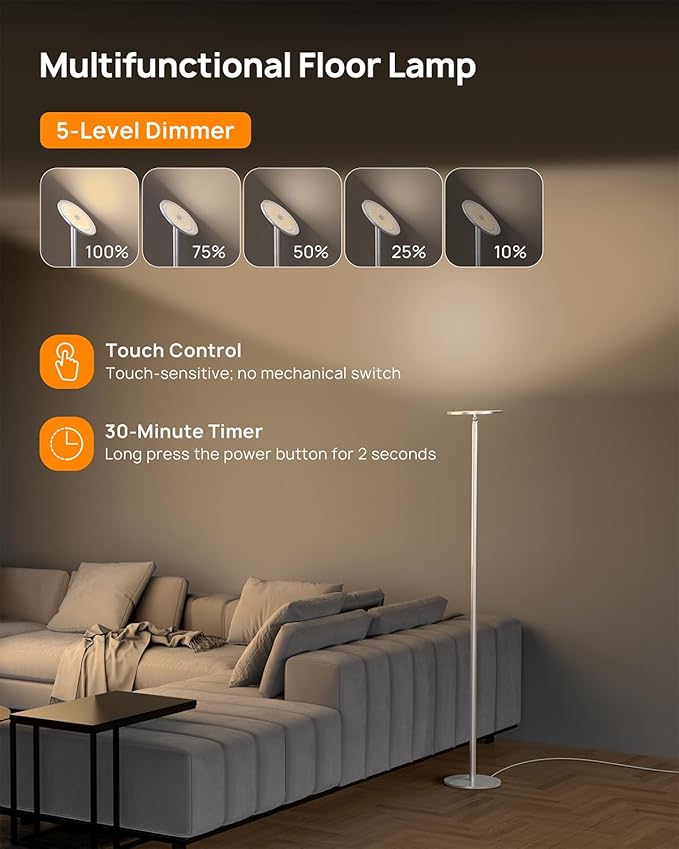 TROND Floor Lamp, 5000LM Super Bright Sky LED Modern Torchiere Standing Lamp, 3000K Warm White with 5-Level Dimmable, 71 in Tall Pole Light, 30-Minute Timer, Modular Rod, Wall Switch Compatible