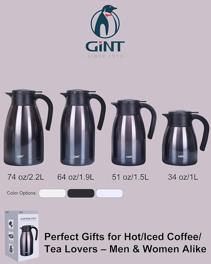 GiNT 2.2L / 74Oz Thermal Coffee Carafe, Insulated Stainless Steel Coffee Carafes