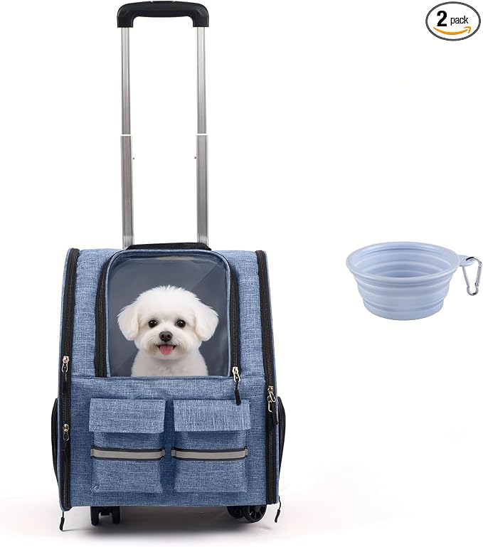 Rolling Pet Carrier with Wheels, Polyester, Soft-Sided Collapsible, Large, Travel, with Telescopic Handle and Folding Bowl (Purple Wheeled Carrier Set)