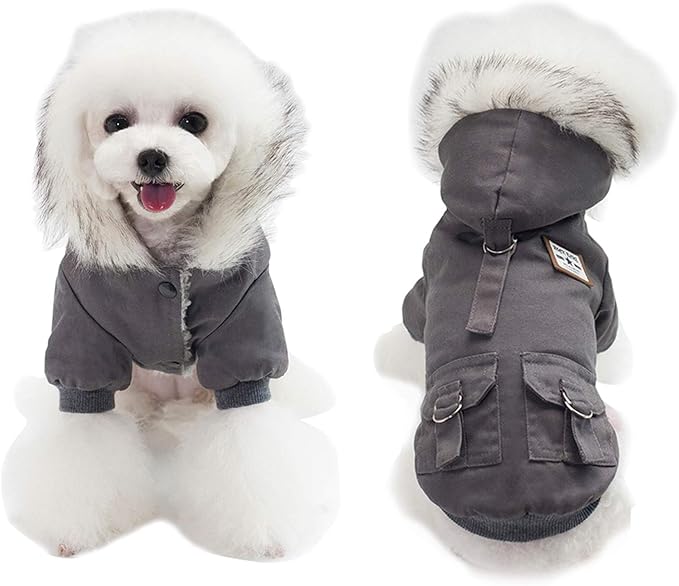 Warm Dog Hooded Trench Coat Windproof Parka Jacket for Cold Weather (L, Black Grey)