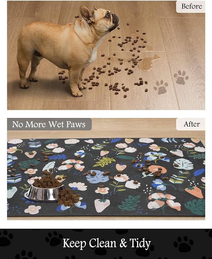 Pet Feeding Mat-Absorbent Dog Mat for Food and Water Bowl-No Stains Quick Dry Water Dispenser Mat-Dog Accessories Pet Supplies-Bowl for Messy Drinkers(DARKFLOWERS,12"x19"