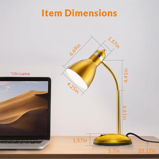 LEPOWER Metal Desk Lamp, Adjustable Goose Neck Table Lamp, Eye-Caring Study Desk Lamps for Bedroom, Study Room and Office (Gold)