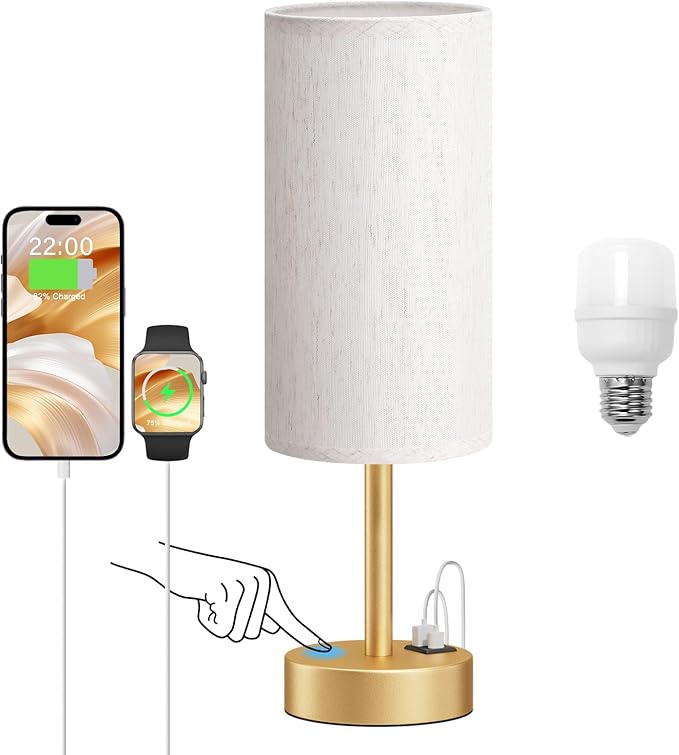 Dicoool Elegant Gold Touch Table Lamp, Modern Wedding Gift for Couples, Bedside Lamps with USB-C USB-A Charging Ports, 3 Way Dimmable Small Lamp for Office, Bathroom, Living Room,Christmas Gift