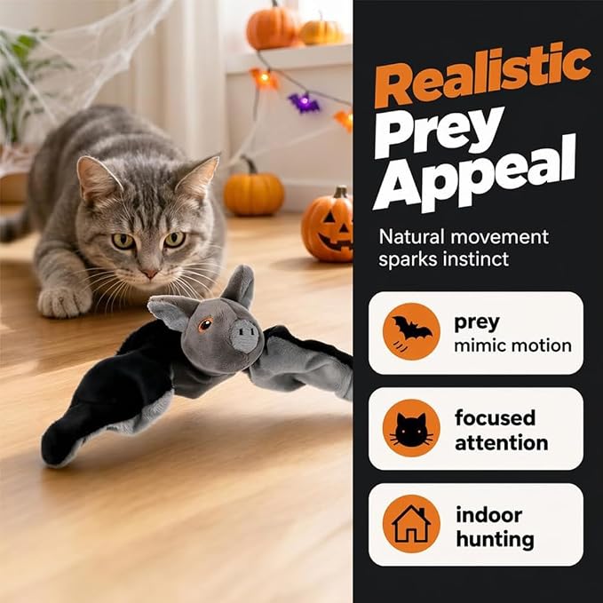 Flying Bat Dog Toy, Flapping Wings Interactive Chirping Pet Teaser, Remote Control Rechargeable Halloween Bat Toy with Catnip Filling, Electric Simulation Flying Motion Toy for Cats Dogs,1pc