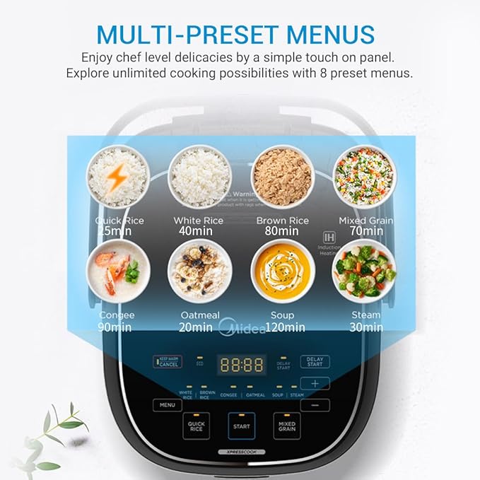 Midea 3L Rice Cooker with Steamer Basket, 6-Cup Uncooked Capacity, Induction