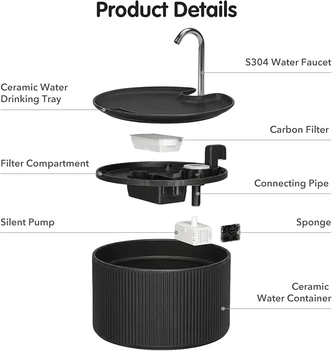 2.2L Ceramic Pet Fountain –Porcelain Pet Water Fountain & Little Dog Drinking Bowl– Automatic Cat Water Dispenser (Black)