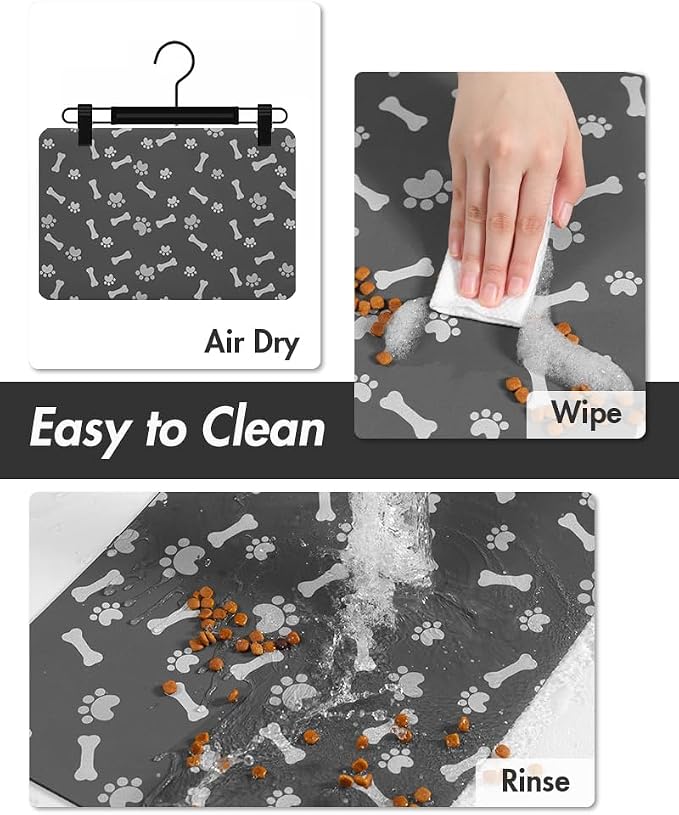 MontVoo Dog Food Mat-Pet Feeding Mat for Food and Water-No Stains Quick Dry Dispenser Cat Bowl Mat for Messy Drinkers(17"x28", Dark Grey)