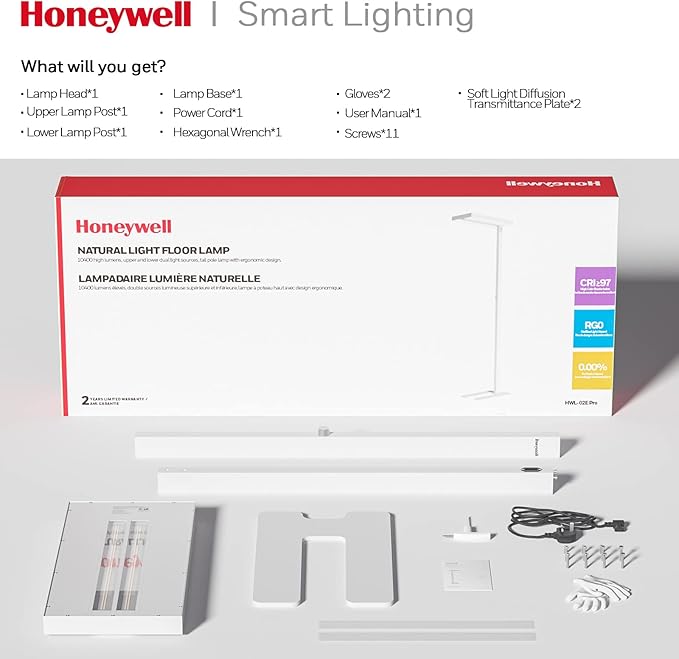 Honeywell LED Floor Lamp Modern - 02E Pro Sunturalux™ Eye Caring Standing Light, 10400LM Dimmable Reading Tall Lampara for Home Office Living Room Bedroom,100W,4000K Natural Daylight
