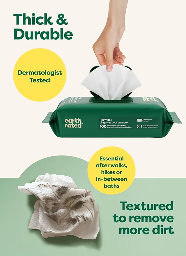 Earth Rated Pet Wipes for Dogs and Cats, Hypoallergenic, Cleaning and Hydrating