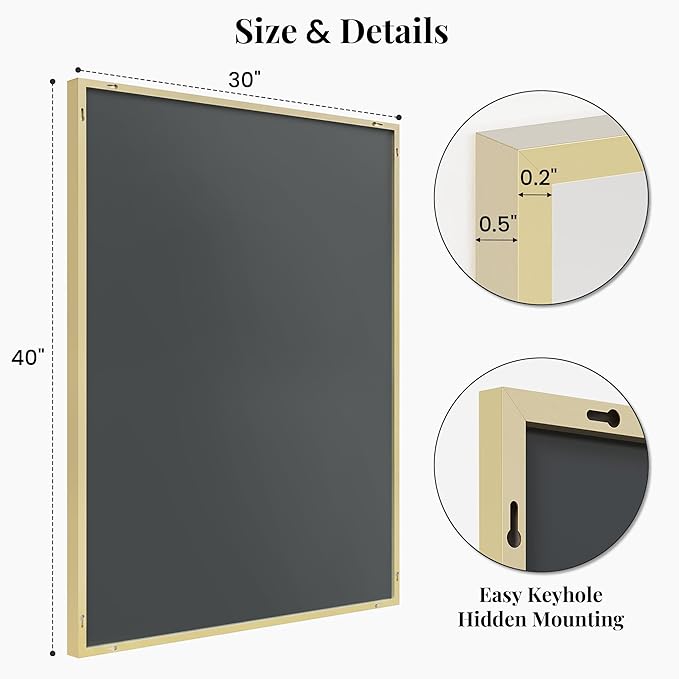 40"x30" Gold Wall Mirror, Metal Framed Bathroom Vanity Mirror, Large