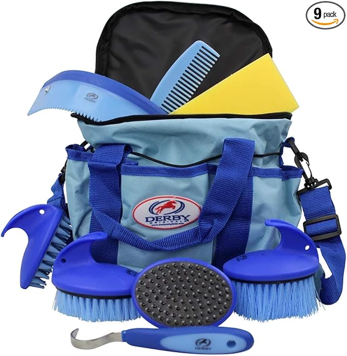 Derby Originals 9Piece Horse Grooming Set with Matching Nylon Carry Bag - Available in 8 Fun Colors, Light Blue & Royal Blue, Model Number: 91-7035-BLU