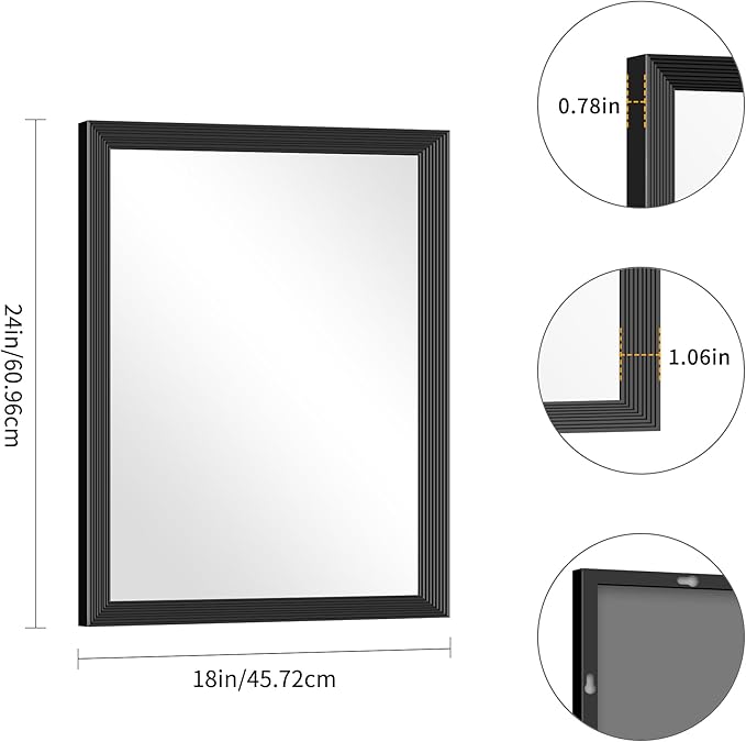 Black Bathroom Mirror 18 x 24 Inch Rectangle Wave Beveled
