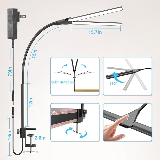 Desk Lamp for Office Home, 31.5" Desktop Lighting Bar with Gooseneck, Clip on Desk Light with Clamp, Bright Dimmable Table Lamp for Study, Work, Computer, Monitor, Reading