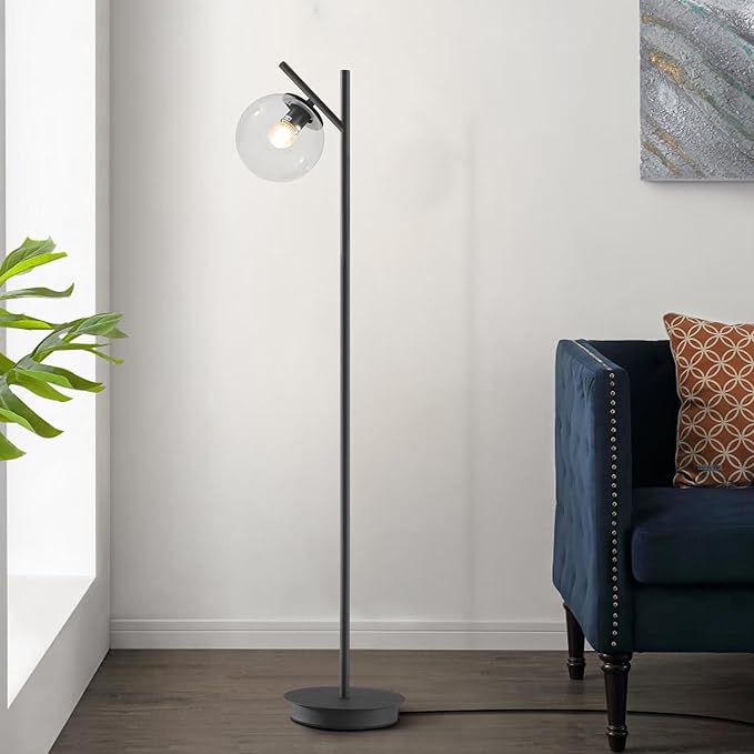 Modern Black Floor Lamps for Living Room Industrial Clear Globe Tall Standing Lamp Mid Century Freestanding Lamps Vintage Metal Floor Lamp for Bedroom Office