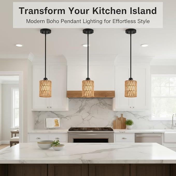 Pendant Light Boho Hanging Lamp - Rattan & Linen 2-in-1 Shade, Adjustable Hanging Lights Fixture for Kitchen Island, Dining Room, Farmhouse, Bedroom (3 Pack)