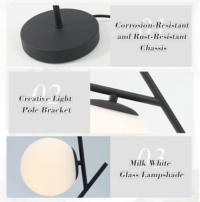 Mid Century Modern Table Lamp Contemporary White Glass Globe Table Lamp Vintage Nordic Desk Lamp Metal Nightstand Lamp for Office Study Room Bedroom(H19.2)