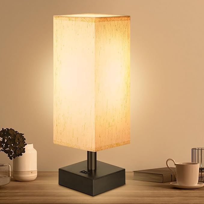 Small Lamp for Bedroom, Bedside Lamps for Night Stands, Mini Minimalist Table Lamp With Square Flaxen Fabric Shade, 11 Inch Desk Reading Lamp for Dorm Living Room Office, 1 Pack