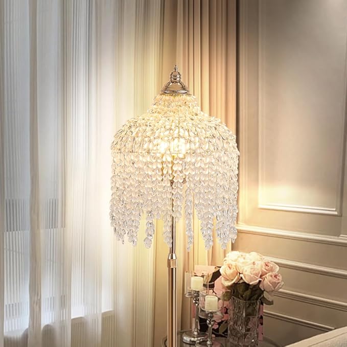 Vintage Style Floor Standing Lamp, Waterfall Design with Grape-Shaped Tall Gold Pole Light, Modern Dimmable Crystals Standing Lamps (Gold + Iron-7)