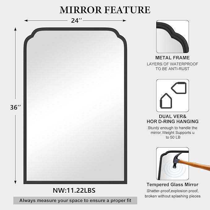 24X36 Inch Black Bathroom Mirror