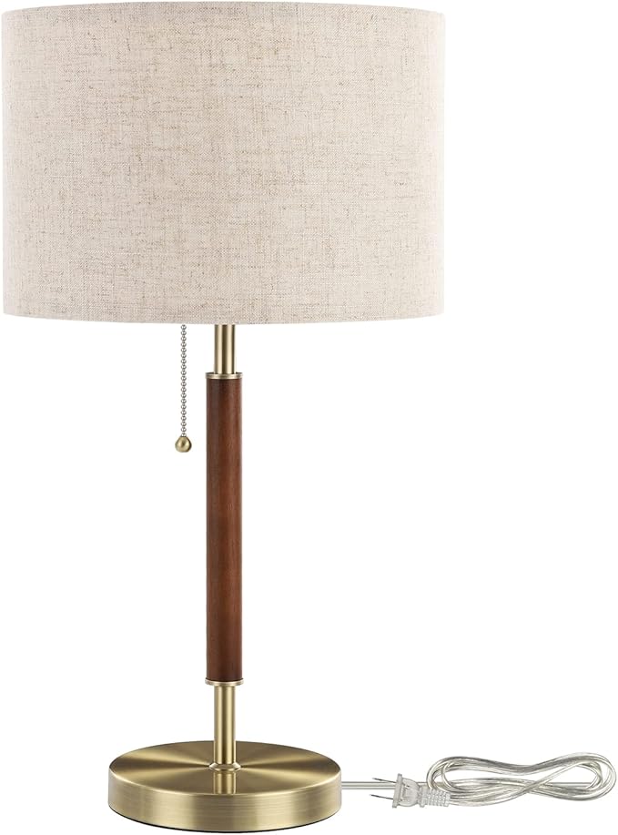 EDISHINE Mid Century Table Lamp, Bedside Lamp with Pull Chain Switch, Solid Wood & Metal Pole, Modern Nightstand Table Lamp for Living Room, Bedroom, Office, Frosted Bronze & Wood Finish