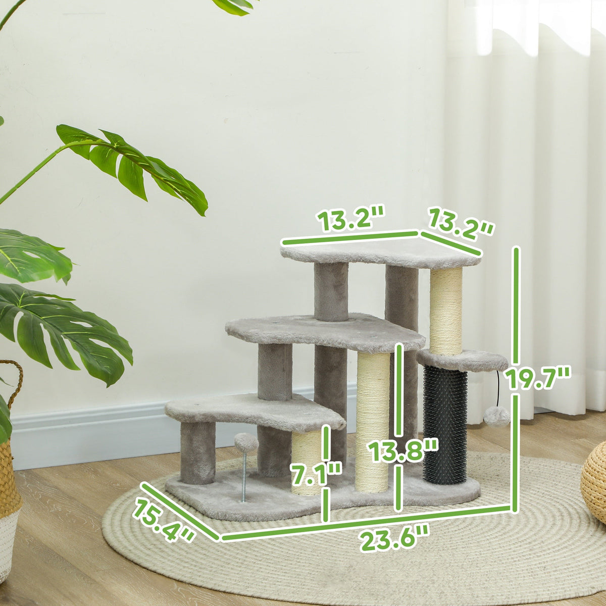 2 in 1 Cat Tree Tower 3-Step Pet Stairs with Scratching Posts, Tickling Post, Toy Balls, for High Beds, Couch