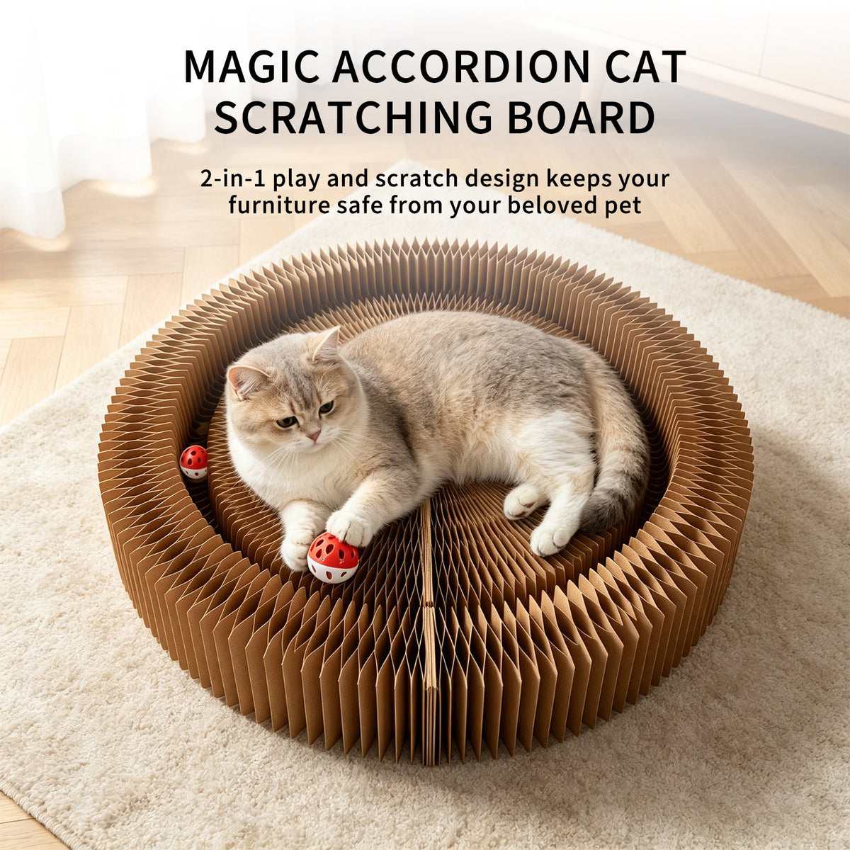 Multi-form Foldable Magic Organ Cat Scratcher Corrugated Cardboard Scratch Board Interactive Cat Toy With Rolling Bell Ball Indoor Kitten Grinding Claw Furniture