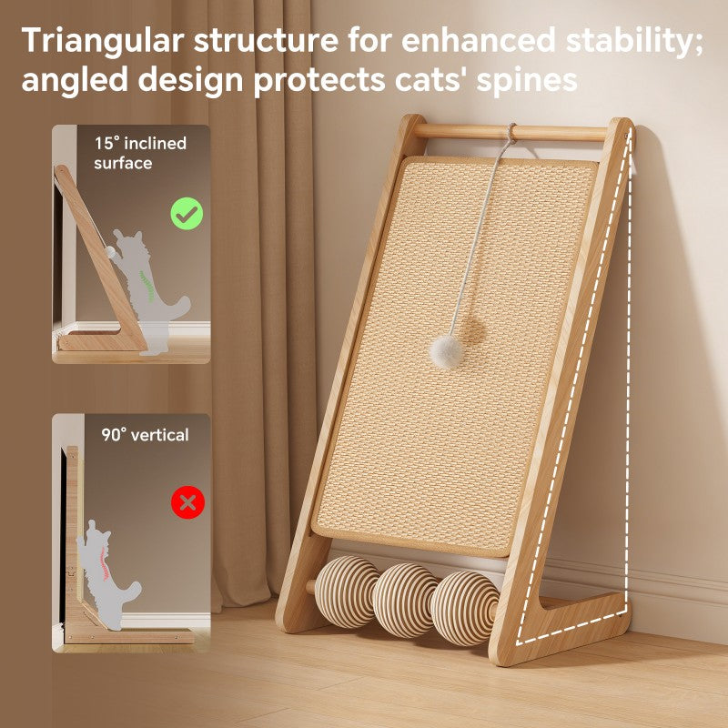 Large Vertical Sisal Cat Scratcher With Balls, Wooden Frame -Sisal Scratching Surface, Hanging Teaser Ball-Sisal Balls, Cat Claw Care & Play Toy