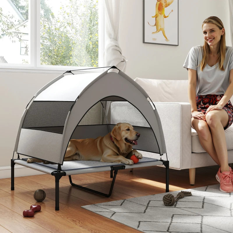 PawHut Elevated Dog Bed With Removable Canopy, Portable Outside Raised Pet Cot With Cooling Pad, Storage Bag,