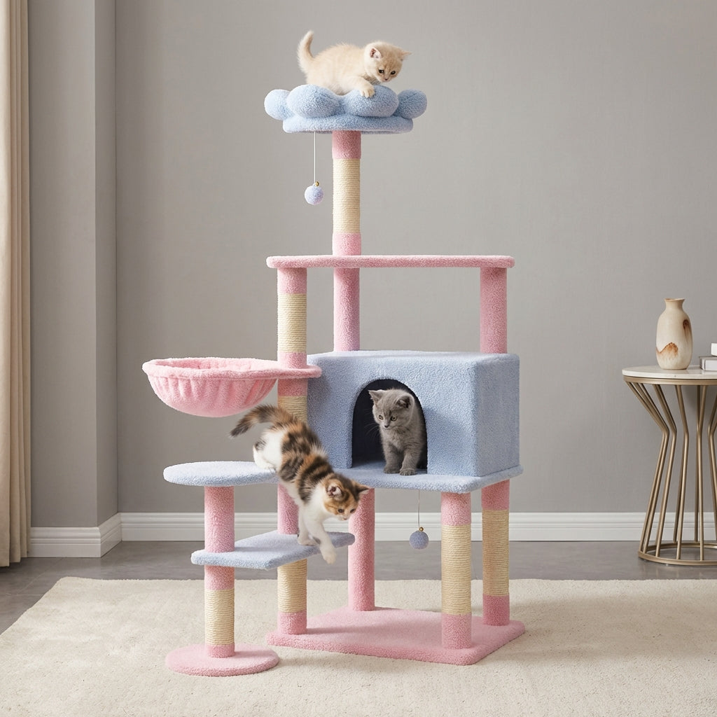 flower cat tree with large condo removable flower cushion and hammock blue