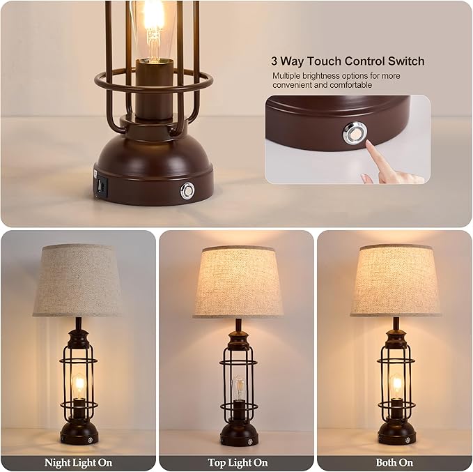28" Table Lamps for Living Room Set of 2,3 Way Dimmable Touch Lamps with USB A+C Ports,Farmhouse Table Lamps for Bedroom,Industrial Lamp for Living Room End Tables,4 Bulbs Included