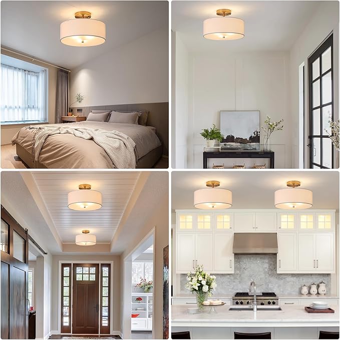 12.6" Semi Flush Mount Ceiling Light Fixture, 3 Light Gold Drum Light Fixtures with White Fabric Shade, Modern Close to Ceiling Lighting for Living Room, Bedroom, Hallway, Entry, Foyer