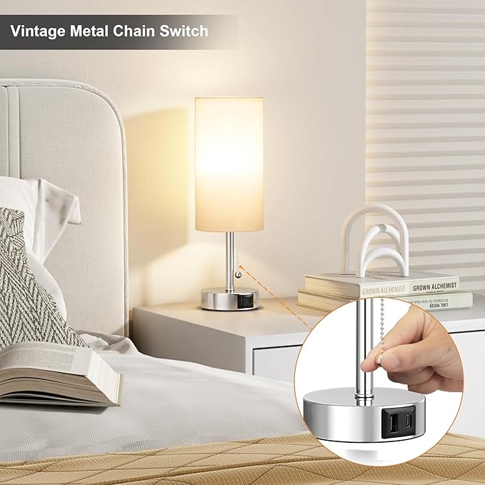 White Table Lamp for Bedroom Nightstand - Small Lamp with USB A + C Charging Port, 3 Color Temperatures Pull Chain Night Stand Light, Silver Base Desk Reading Lamp for Living Room