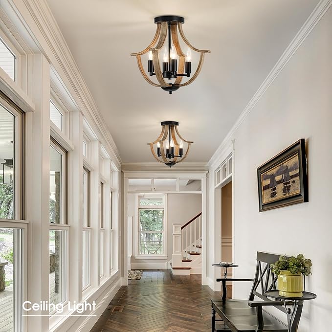 Farmhouse Hanging Pendant Lighting, 4-Light Rustic Flush Mount Ceiling Light Fixture,Modern Faux Wood Vintage Chandelier for Dining Room Kitchen Island Foyer Hallway Entryway Bedroom