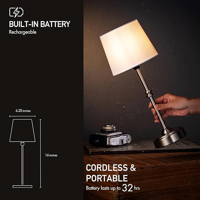 O’Bright Seraph - Cordless LED Table Lamp with Dimmer, Built-in Rechargeable Battery, 3-Level Brightness, Patio Table Lamp, Bedside Night Lamp, Ambient Light for Restaurant, Brushed Nickel