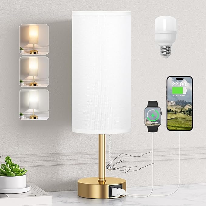 Gold Bedside Lamp for Bedroom Nightstand - Small Table Lamp with USB A + C Charging Port, 3 Color Temperatures Pull Chain Night Stand Light, Side Table Desk Reading Lamp for Living Room/Dorm Room