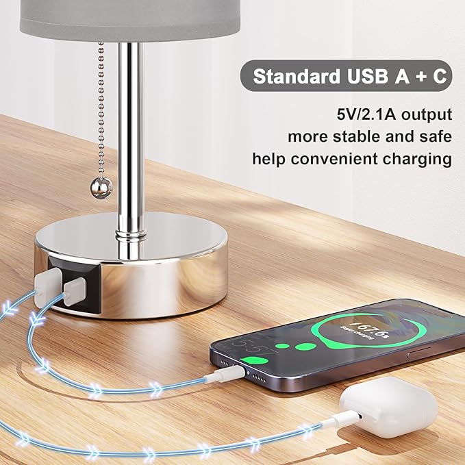 Grey Table Bedside Lamp for Bedroom Nightstand - Small Silver Lamp with USB A + C Charging Port, 3 Color Temperatures Pull Chain Night Stand Light with Bulb, Side Table Desk Lamp for Living Room