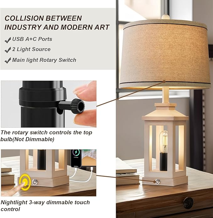 23.75" Retro Farmhouse USB C+A Ports Table Lamp with 3 Way Dimmable Touch Control White Nightlight Vintage Modern Lamp for Living Room Bedroom with 2 Light Sources