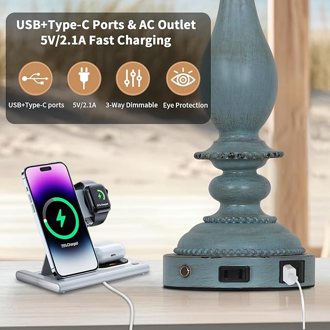 28" Tall Coastal Table Lamps for Living Room Set of 2, Farmhouse Rustic Blue Bedside Touch Lamp with USB C+A Ports & Outlet, 3-Way Dimmable Resin Nightstand Lamps for Bedroom Side End Table