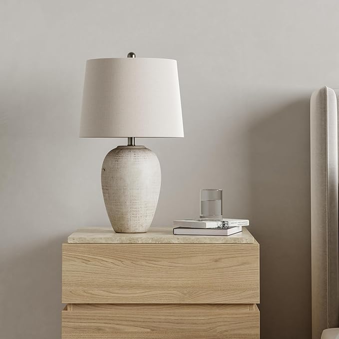 Nourison Home 23" Distressed Cream/Beige Rustic Ceramic Jar Table Lamp for Bedroom, Living Room, Dining Office, with Ivory Shade