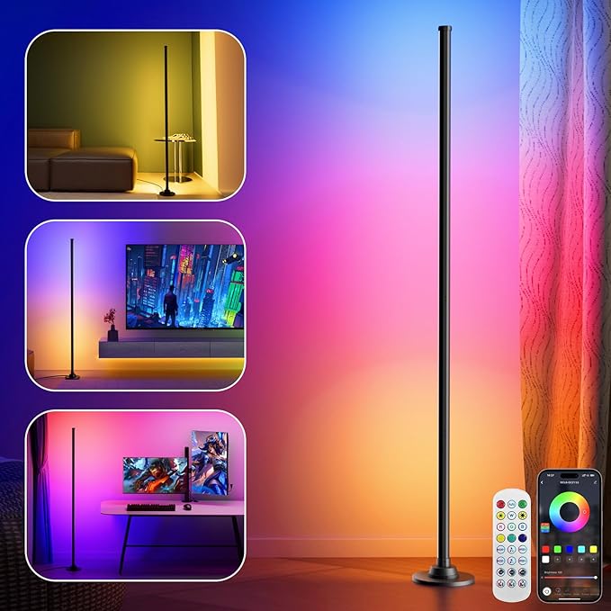 Floor Lamp with RGB,Smart LED Corner Lamp with16-Million Colors / 234-Dynamic Lighting / 8-Music Sync/Timer Setting/App&Remote Control,Ideal for Living Room, Bedroom, Gaming Room-Black